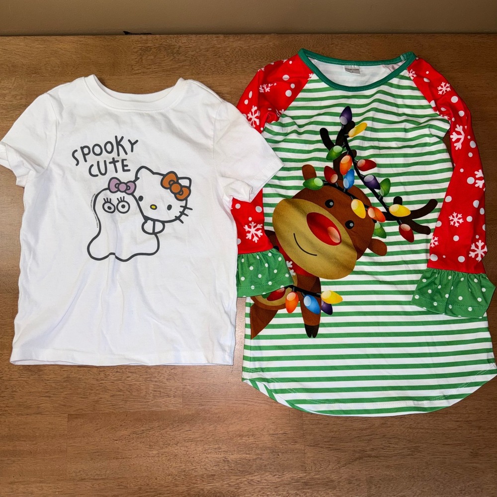 Old Navy Hello Kitty Halloween Shirt & Penelope Plumm Reindeer Christmas Gown 4T